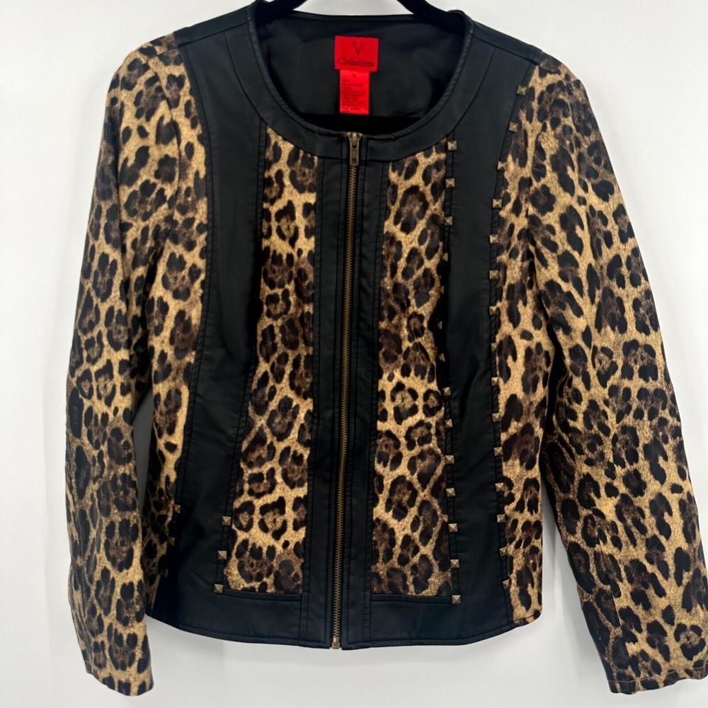 V Cristina Jacket Women's Medium Multi Animal Print Pleather Studded Full Zipper